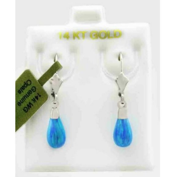 GENUINE BLUE OPAL DANGLING EARRINGS 14k WHITE GOLD